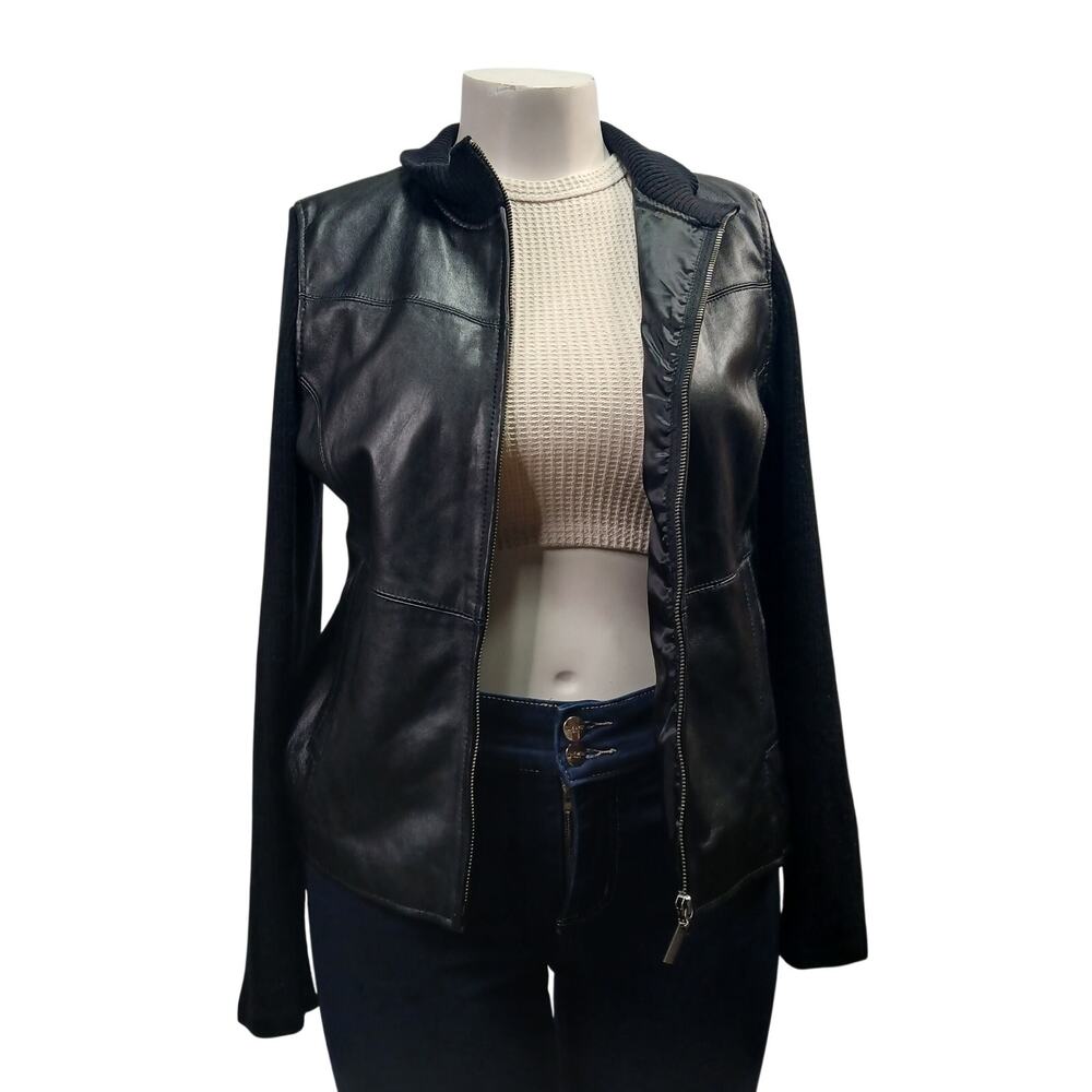 Jaclyn Smith Genuine Leather Knit Sleeves Moto Jacket Black Womens 14